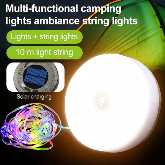 Solar Camping Lamp 10 meter String Light Outdoor Tent Lamp Type-C Atmosphere Lantern LED Flashlight with Hook Lights Outdoor