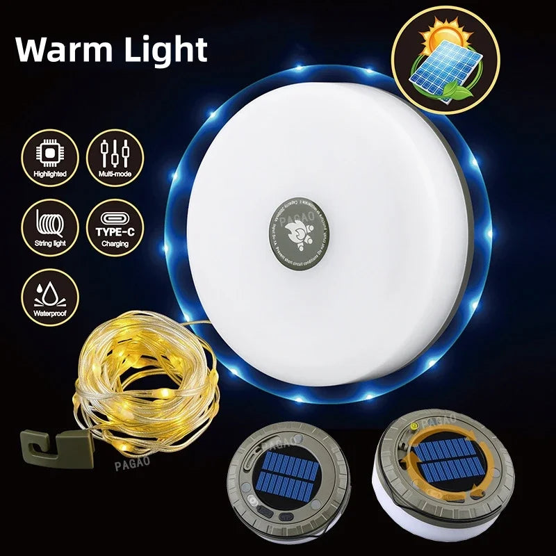 Solar Camping Lamp 10 meter String Light Outdoor Tent Lamp Type-C Atmosphere Lantern LED Flashlight with Hook Lights Outdoor