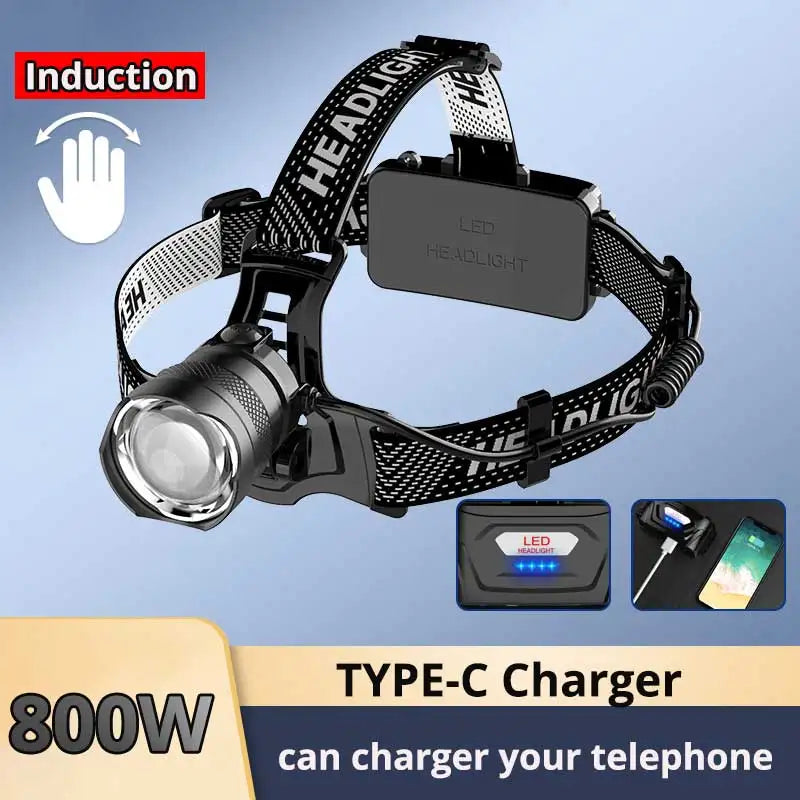 1000000LM 800W LED Powerful Headlamp USB Rechargeable Head Flashlight XHP360 LED Headlight Zoom Head Lamp Long Shot Lantern