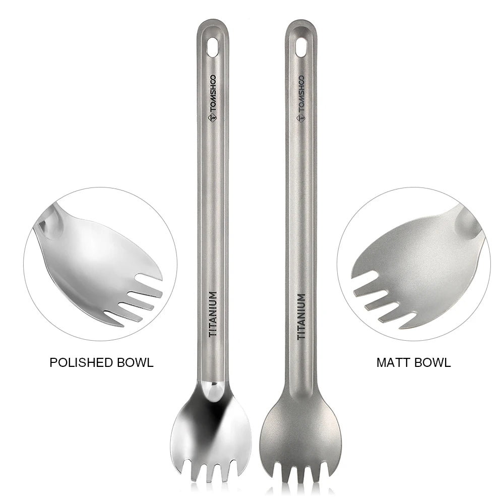 Tomshoo Titanium Long Handle Spoon Spork Set Outdoor Portable Matte Finish Dinner Spork Cutlery Camping Backpacking Equipment