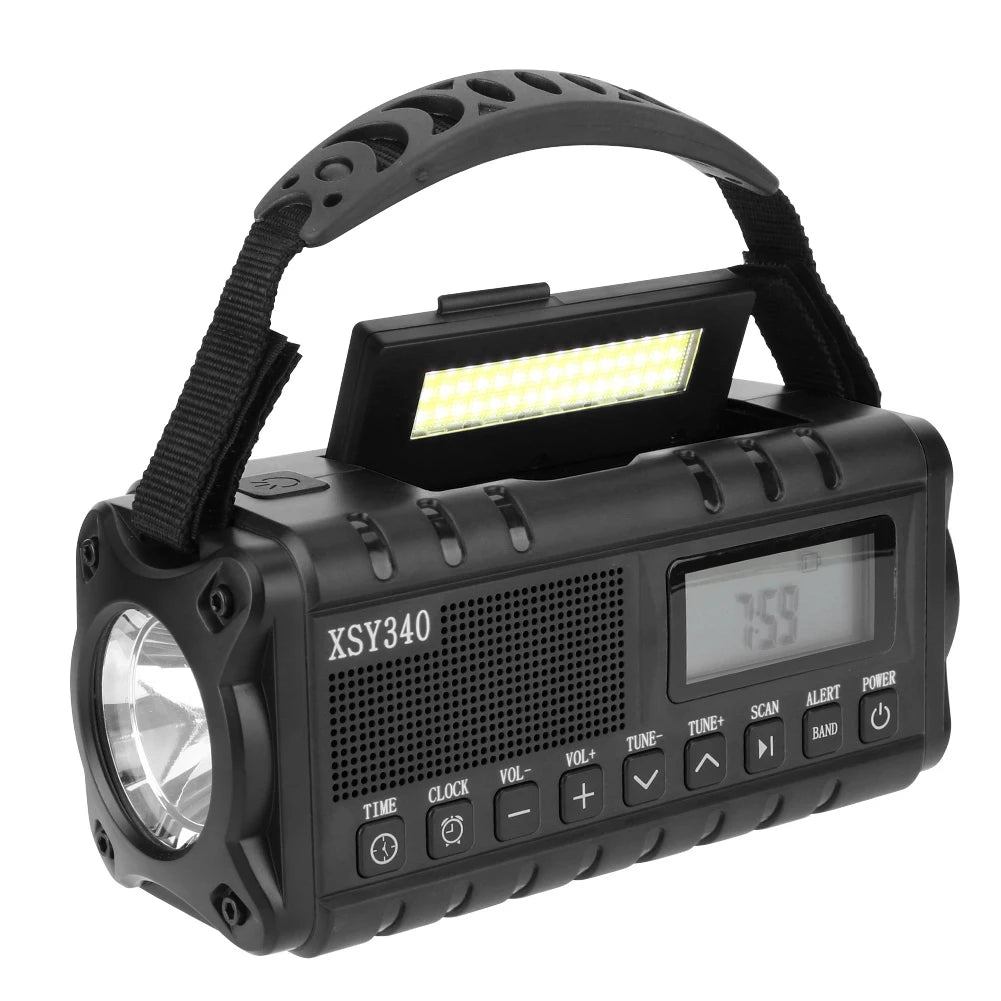 12000mAh AM/FM/NOAA Weather Radio with 2 Solar Panels Solar Hand Crank LED Flashlight Emergency Radio Reading Lamp for Outdoor