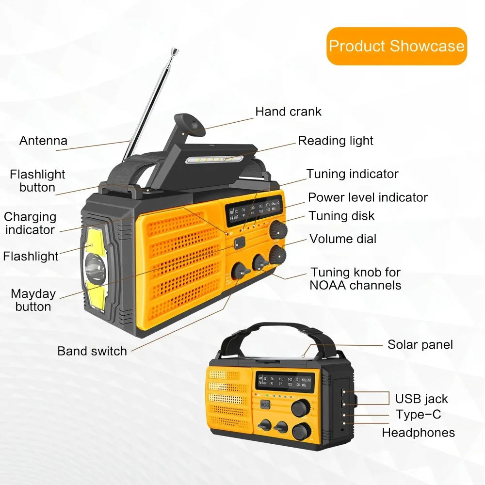 Emergency Hand Crank Rechargeable Solar Flashlight Multifunctional LED Reading Light Radio Safety Protection Self Defense