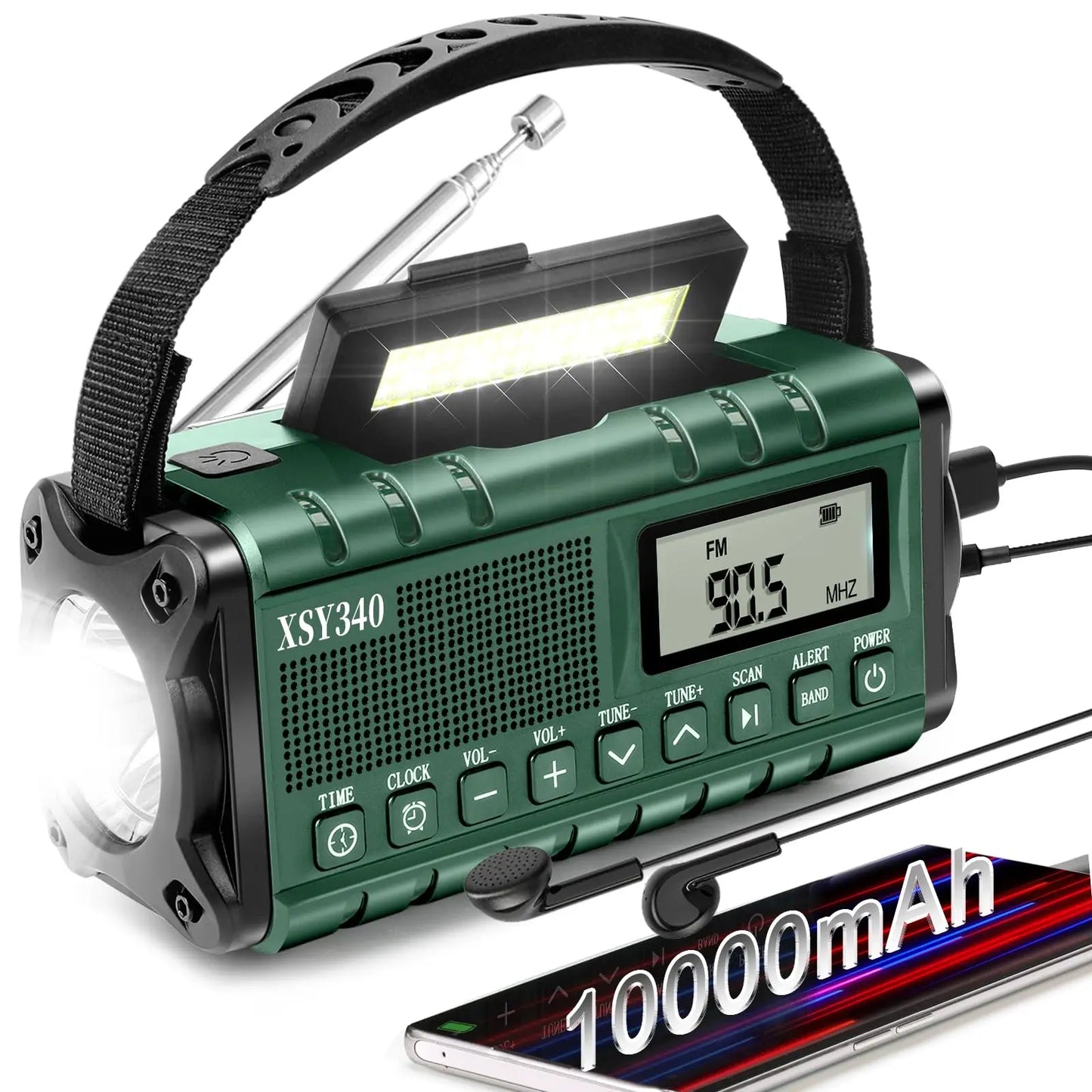 12000mAh AM/FM/NOAA Weather Radio with 2 Solar Panels Solar Hand Crank LED Flashlight Emergency Radio Reading Lamp for Outdoor