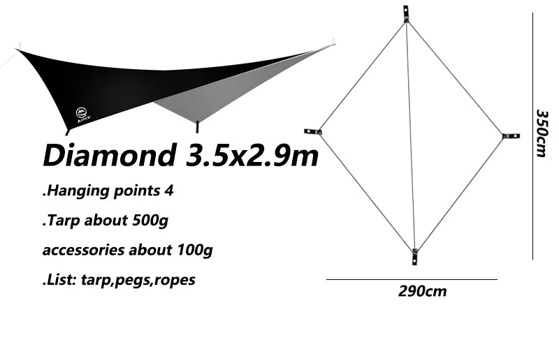 Aricxi 210t polyester Ultralight Outdoor Camping black silver coating Anti-ultraviolet rhombus square hexagon sun shelter tarp