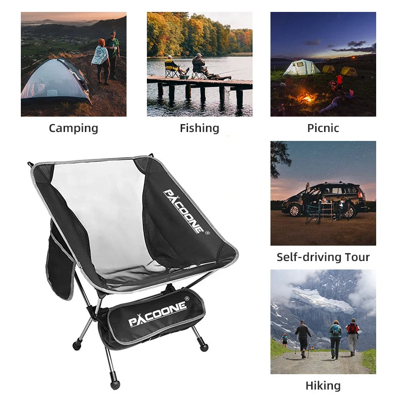 PACOONE Camping Portable Folding Moon Chair Travel Ultralight Aluminum Chair Outdoor Beach Fishing Chair Picnic Seat Tools