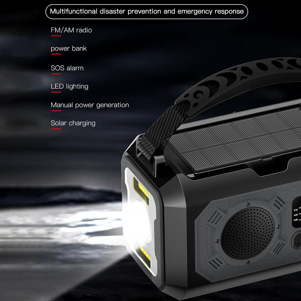 12000mAh AM/FM/NOAA Weather Radio with 2 Solar Panels Solar Hand Crank LED Flashlight Emergency Radio Reading Lamp for Outdoor