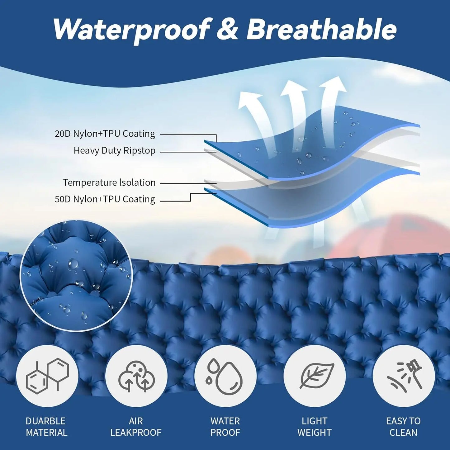 Inflatable Air Matt Double Sleeping Pad Camping Air Mat with Pillow Air Mattress Waterproof Nature Hike Folding Sleeping Mat