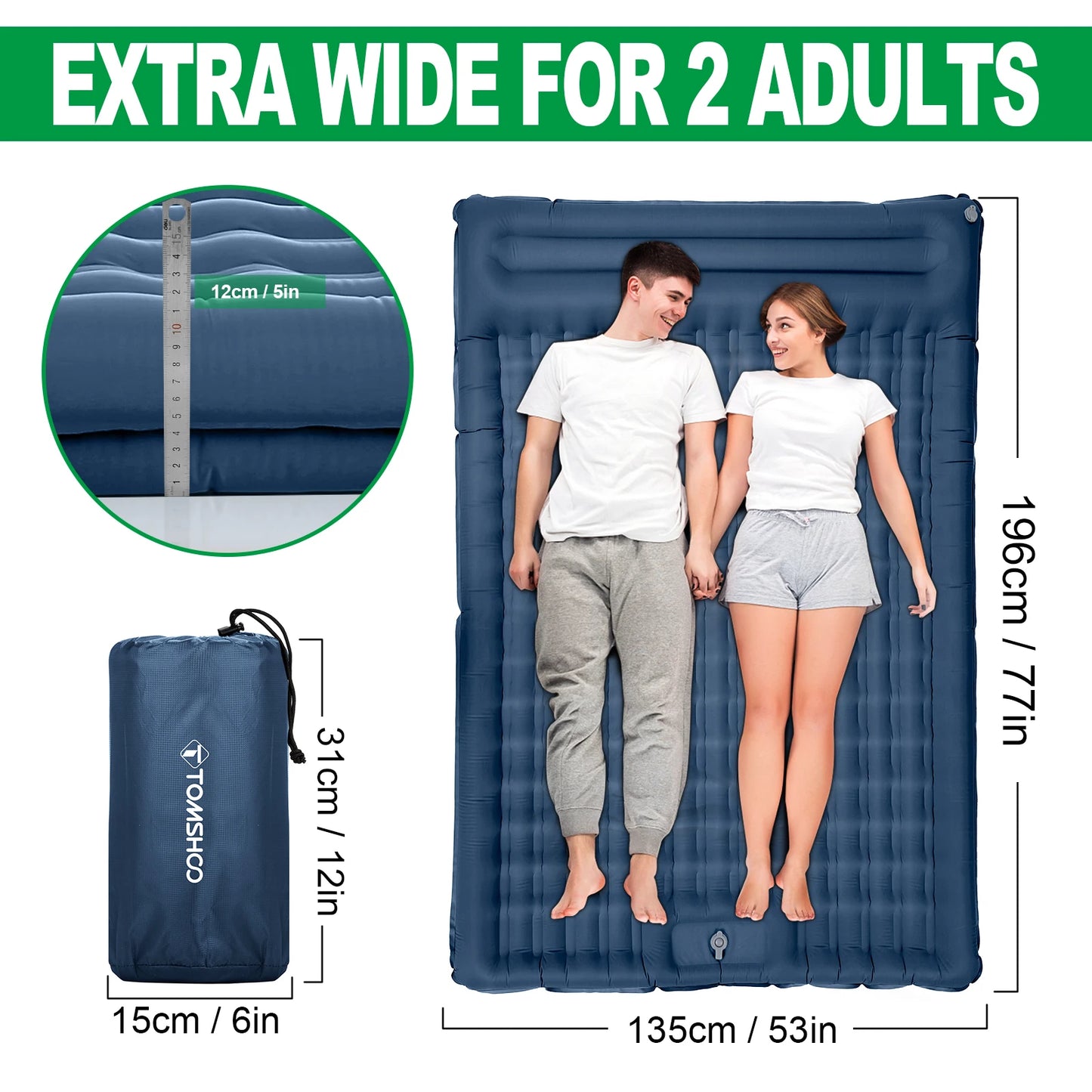 Tomshoo Inflatable Mattress w Built-in Pump Extra Thick 5Inch Double Sleeping Pad Mat Air Mattress Camping Backpacking Hiking