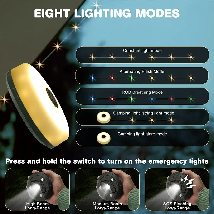 LED Camping Lamp Camping String Lights 10M Length Waterproof Rechargeable LED Flashlight Hook Lamp 2 in 1 RGB Atmosphere Light