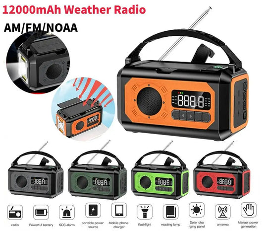 12000mAh AM/FM/NOAA Weather Radio with 2 Solar Panels Solar Hand Crank LED Flashlight Emergency Radio Reading Lamp for Outdoor