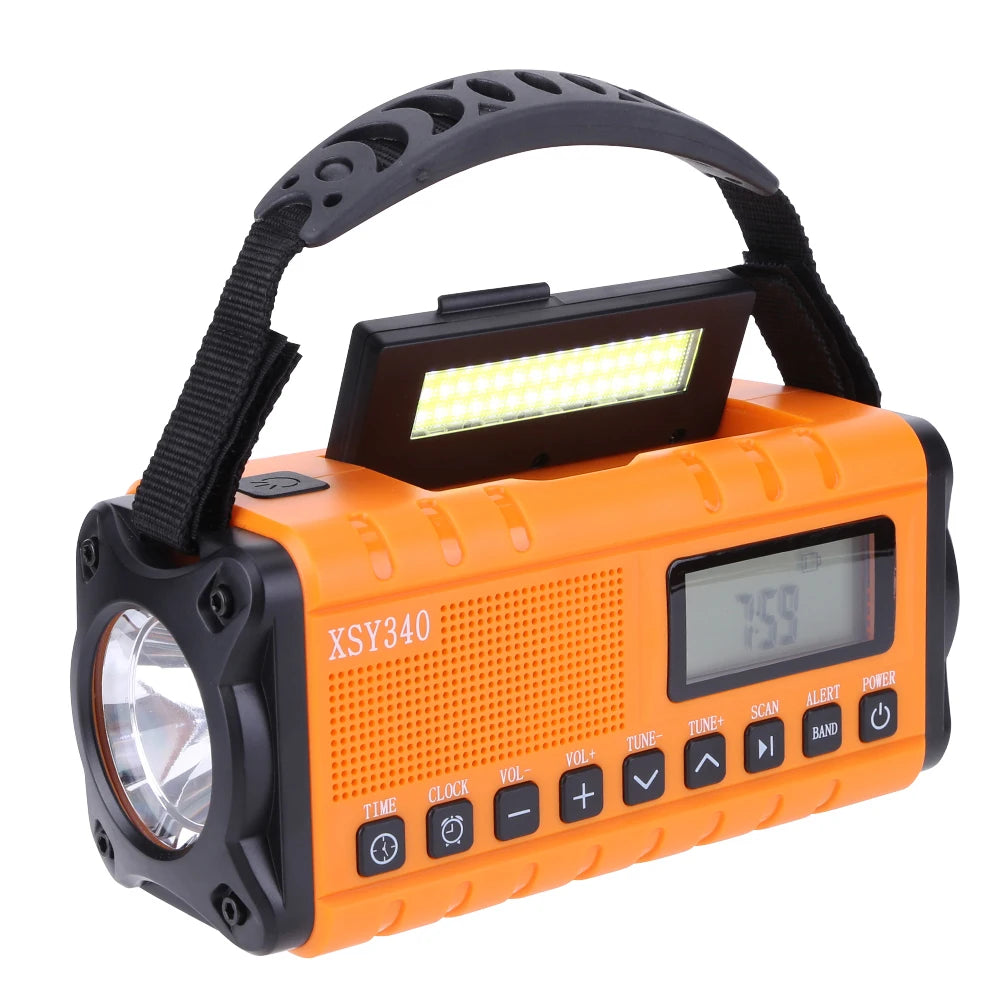 12000mAh AM/FM/NOAA Weather Radio with 2 Solar Panels Solar Hand Crank LED Flashlight Emergency Radio Reading Lamp for Outdoor
