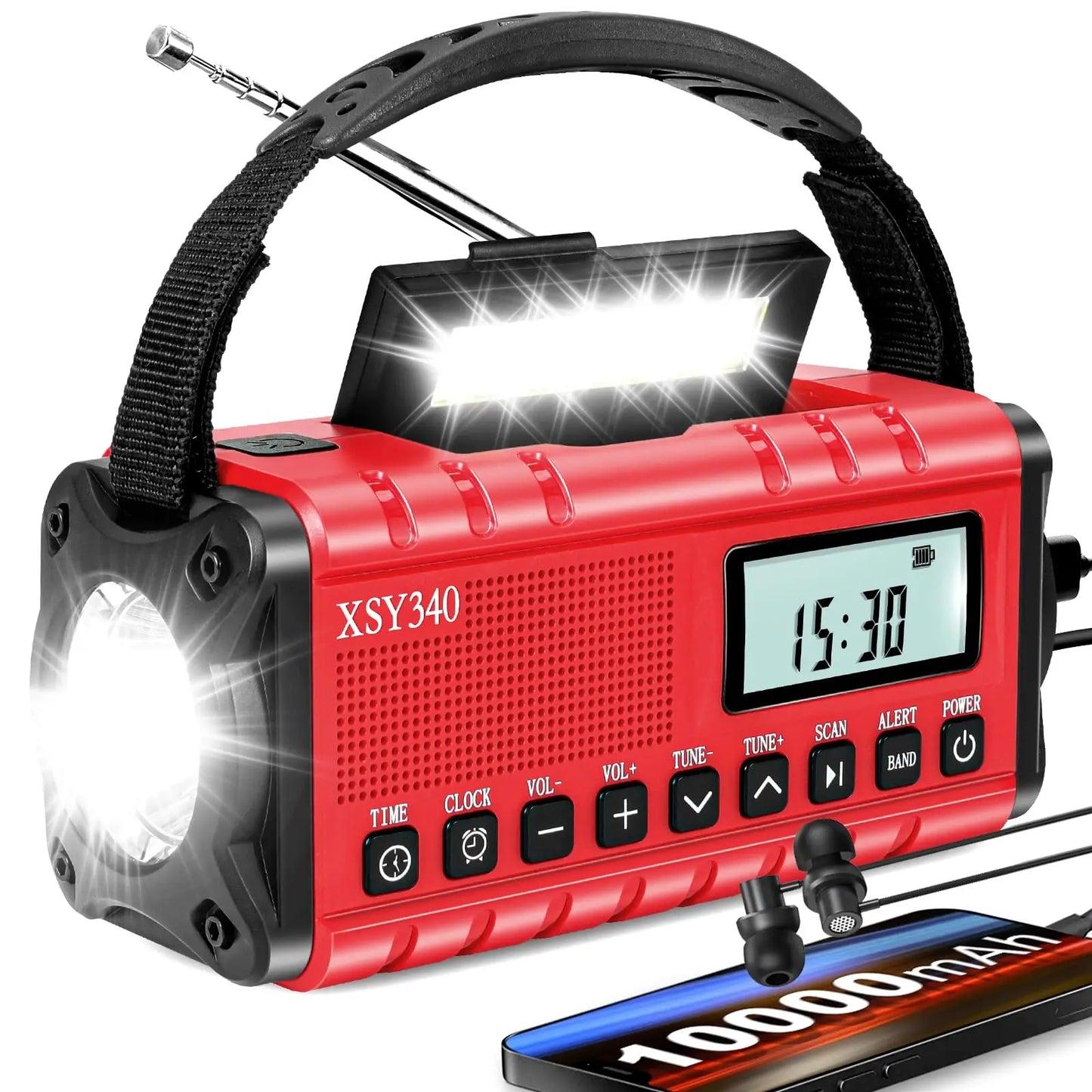 12000mAh AM/FM/NOAA Weather Radio with 2 Solar Panels Solar Hand Crank LED Flashlight Emergency Radio Reading Lamp for Outdoor