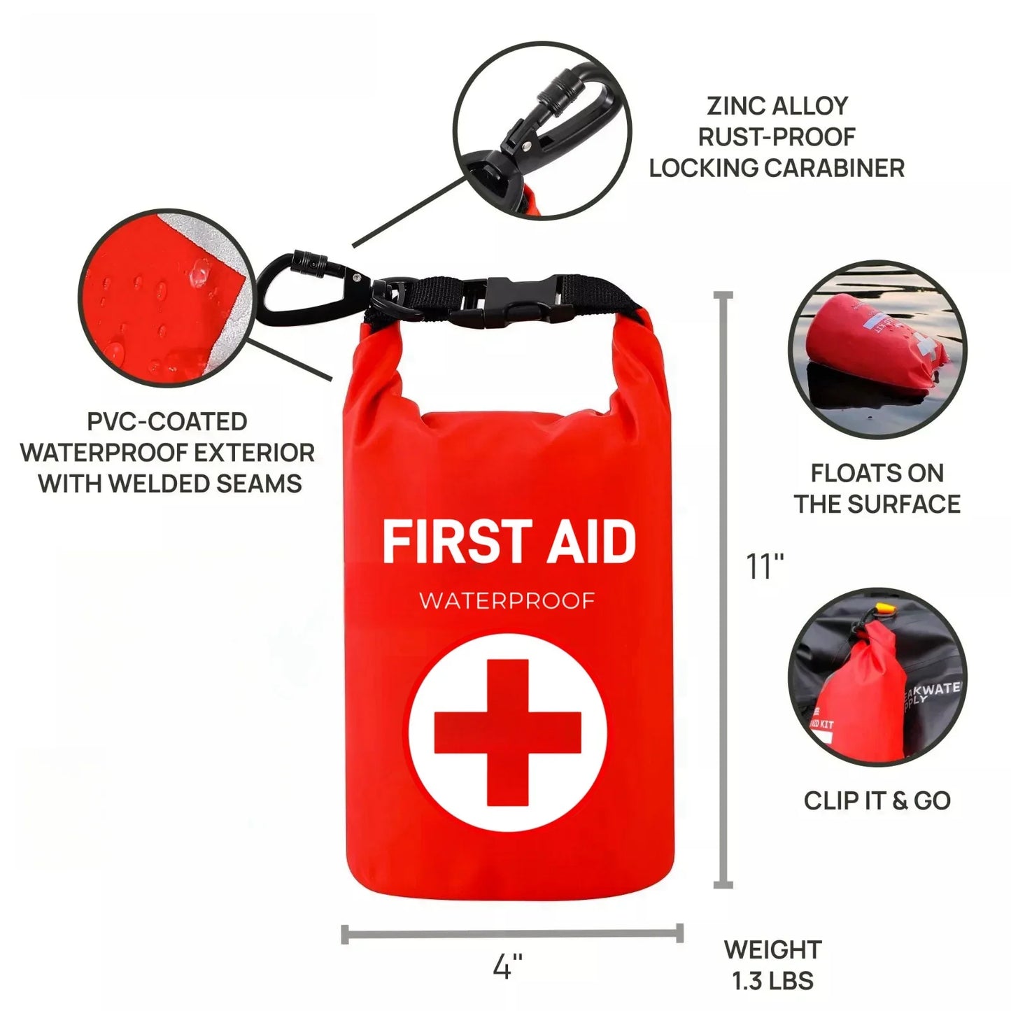 2L Waterproof First Aid Bag Roll Top Boat Emergency Kit Red with Shoulder Straps for Boating Swimming Fishing Kayaking Camping