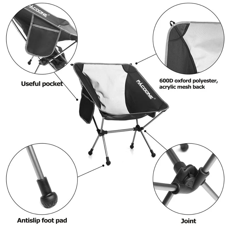 PACOONE Camping Portable Folding Moon Chair Travel Ultralight Aluminum Chair Outdoor Beach Fishing Chair Picnic Seat Tools