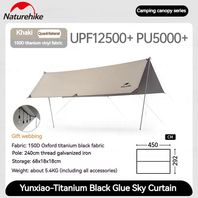 Naturehike UPF12500+ Sun Shelter Camping Outdoor Portable Tarp Waterproof Canopy UV50 Black Coating Sunshade Thickened Pole