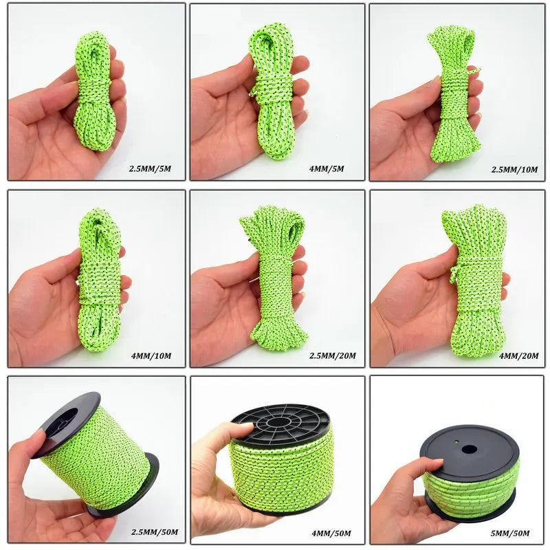 5M/10M/20M/50M Reflective Tent Rope Guylines Nylon Tent Line Cord Rescue Umbrella Paracord Rope Camping Hiking Tent Accessories