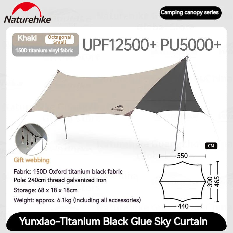 Naturehike UPF12500+ Sun Shelter Camping Outdoor Portable Tarp Waterproof Canopy UV50 Black Coating Sunshade Thickened Pole