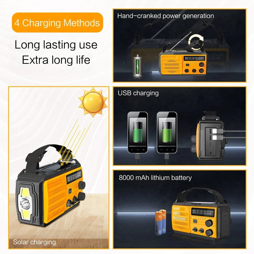 Emergency Hand Crank Rechargeable Solar Flashlight Multifunctional LED Reading Light Radio Safety Protection Self Defense