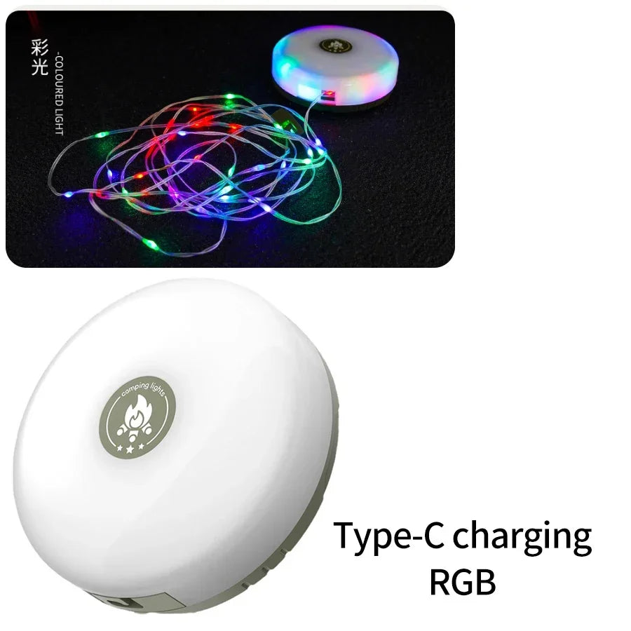 LED Camping Lamp Camping String Lights 10M Length Waterproof Rechargeable LED Flashlight Hook Lamp 2 in 1 RGB Atmosphere Light