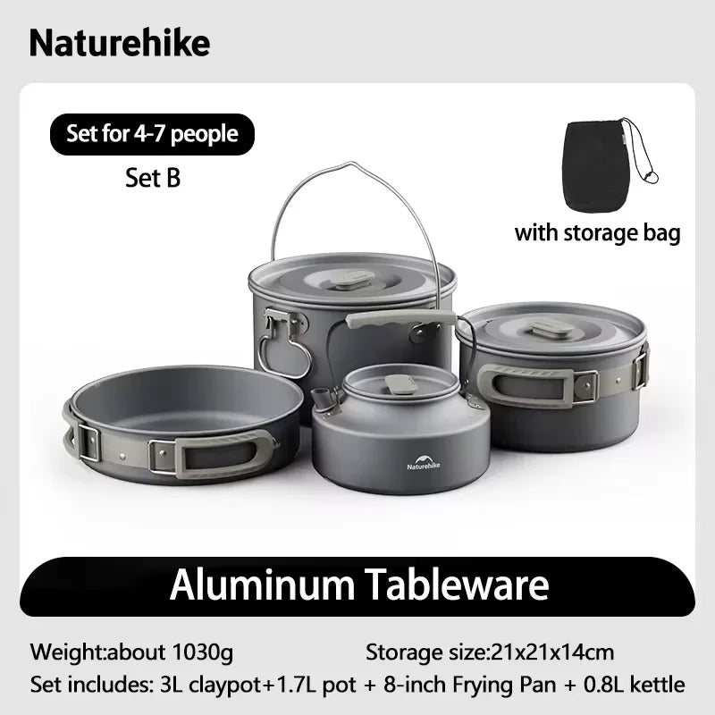 Naturehike Camping Cookware Kit Outdoor Cooking Ultralight Aluminum Pot Kettle Tablewear Set Kitchen Utensils Camping Gear