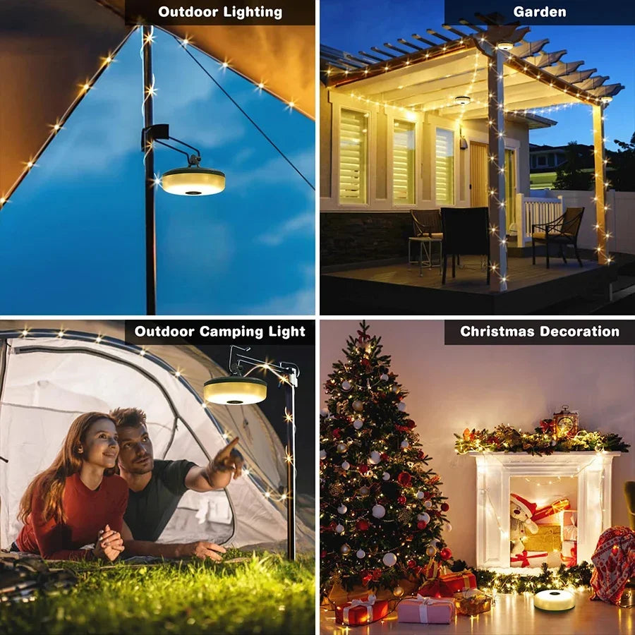 LED Camping Lamp Camping String Lights 10M Length Waterproof Rechargeable LED Flashlight Hook Lamp 2 in 1 RGB Atmosphere Light