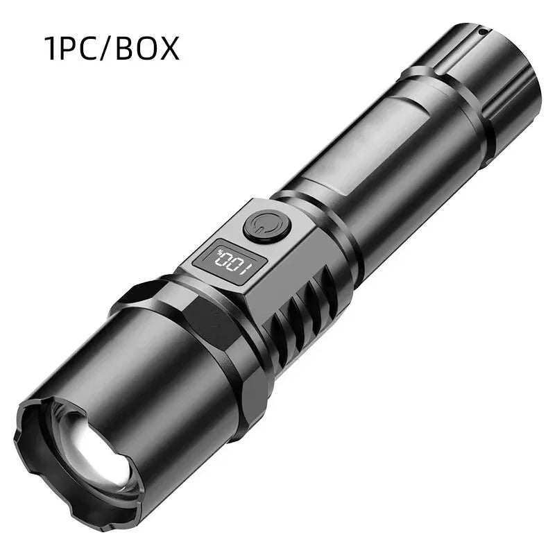 Ultra bright LED flashlight with zoom and battery indicator light, USB charging camping light flash