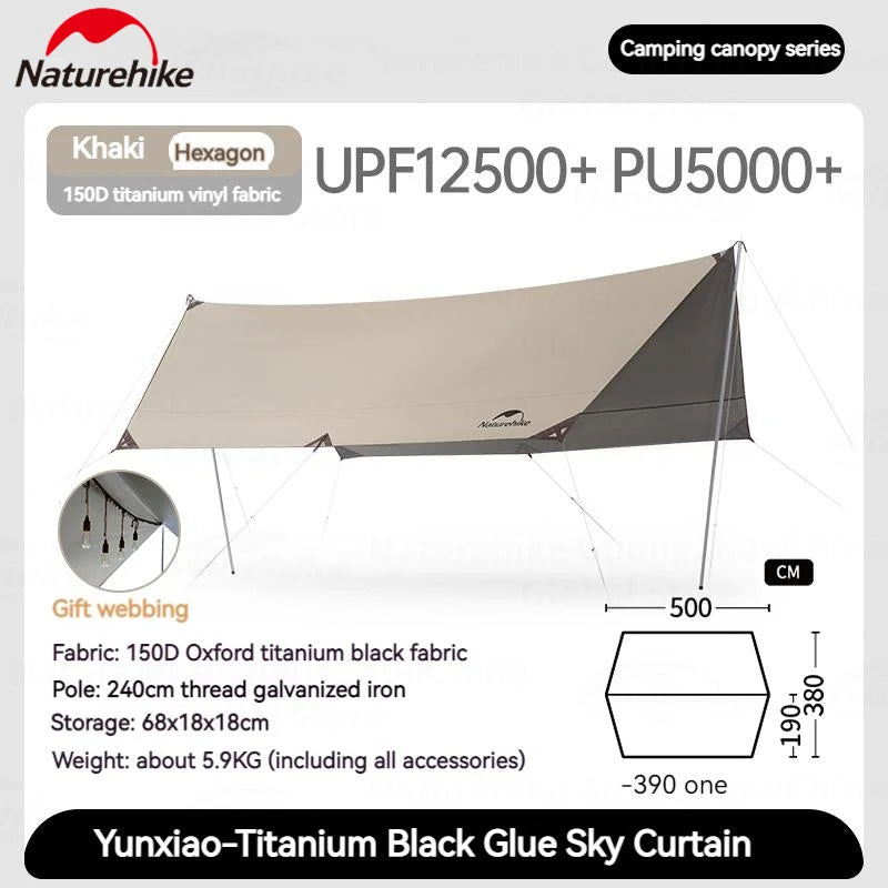 Naturehike UPF12500+ Sun Shelter Camping Outdoor Portable Tarp Waterproof Canopy UV50 Black Coating Sunshade Thickened Pole
