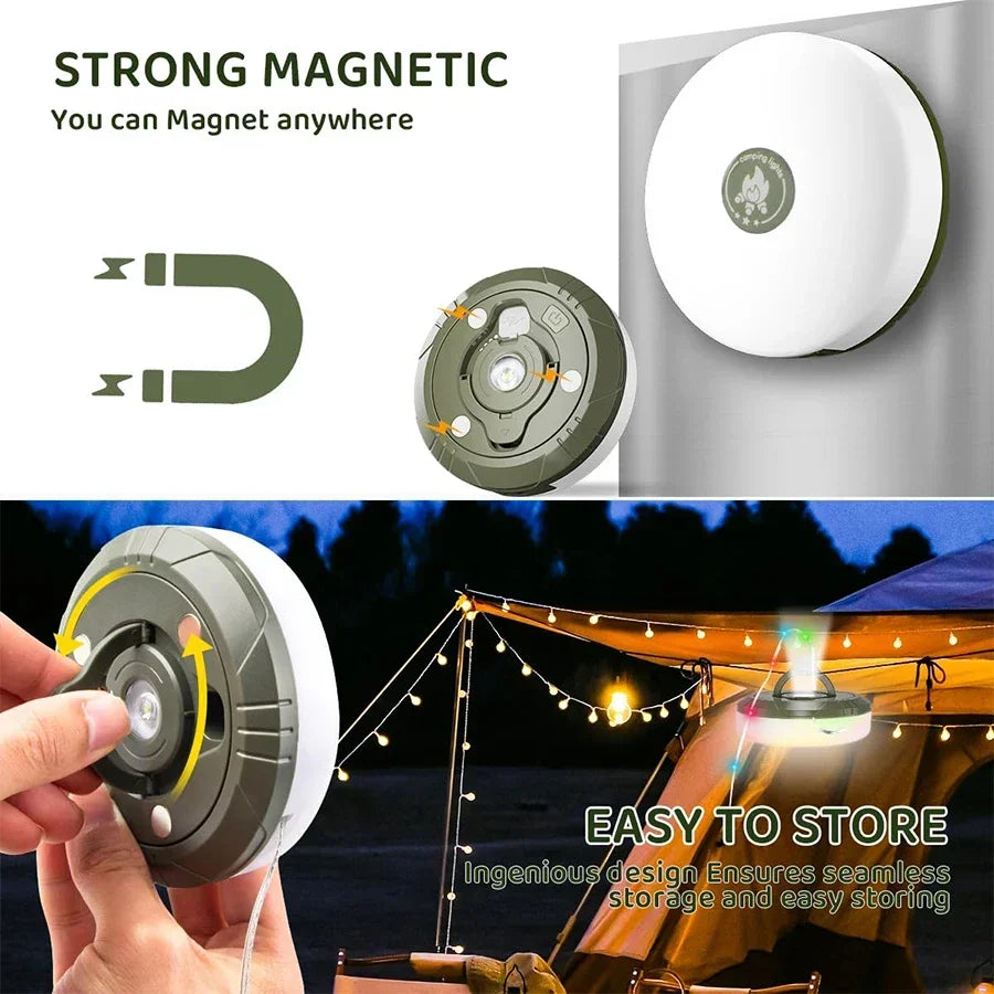 LED Camping Lamp Camping String Lights 10M Length Waterproof Rechargeable LED Flashlight Hook Lamp 2 in 1 RGB Atmosphere Light