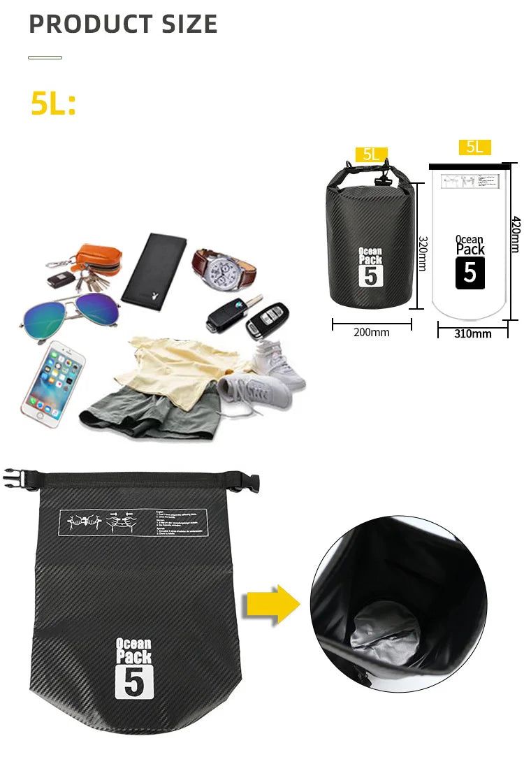 2/5/10/15/20/30L Waterproof Swimming Bag Carbon Fiber Waterproof Dry Bag Outdoor Foldable Storage Beach Swimming Rafting Bag