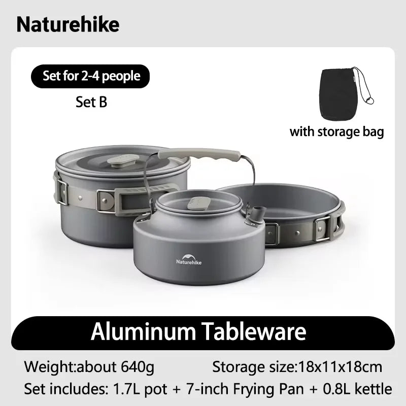 Naturehike Camping Cookware Kit Outdoor Cooking Ultralight Aluminum Pot Kettle Tablewear Set Kitchen Utensils Camping Gear