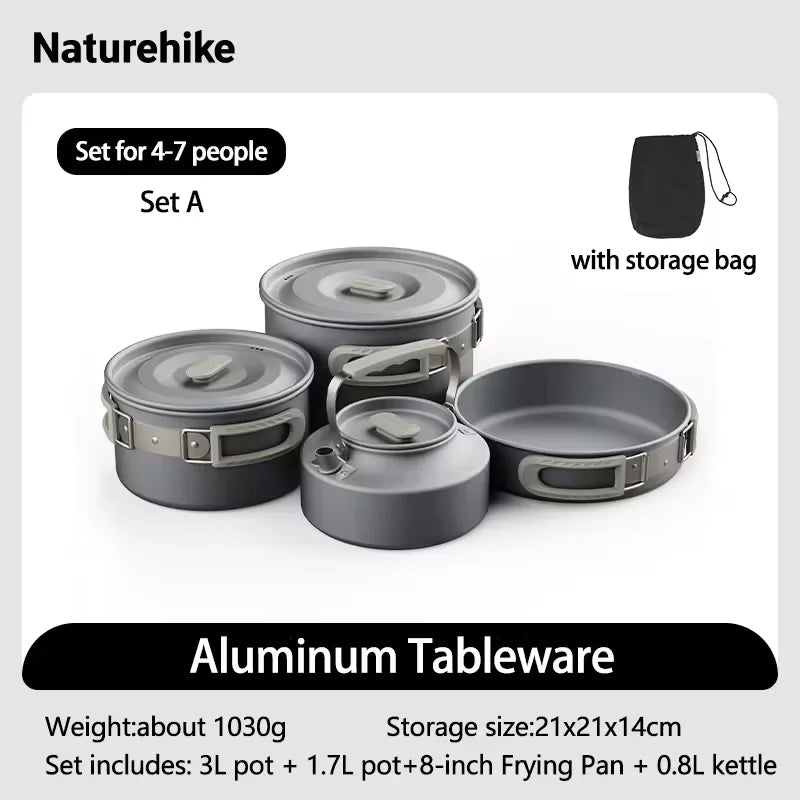 Naturehike Camping Cookware Kit Outdoor Cooking Ultralight Aluminum Pot Kettle Tablewear Set Kitchen Utensils Camping Gear