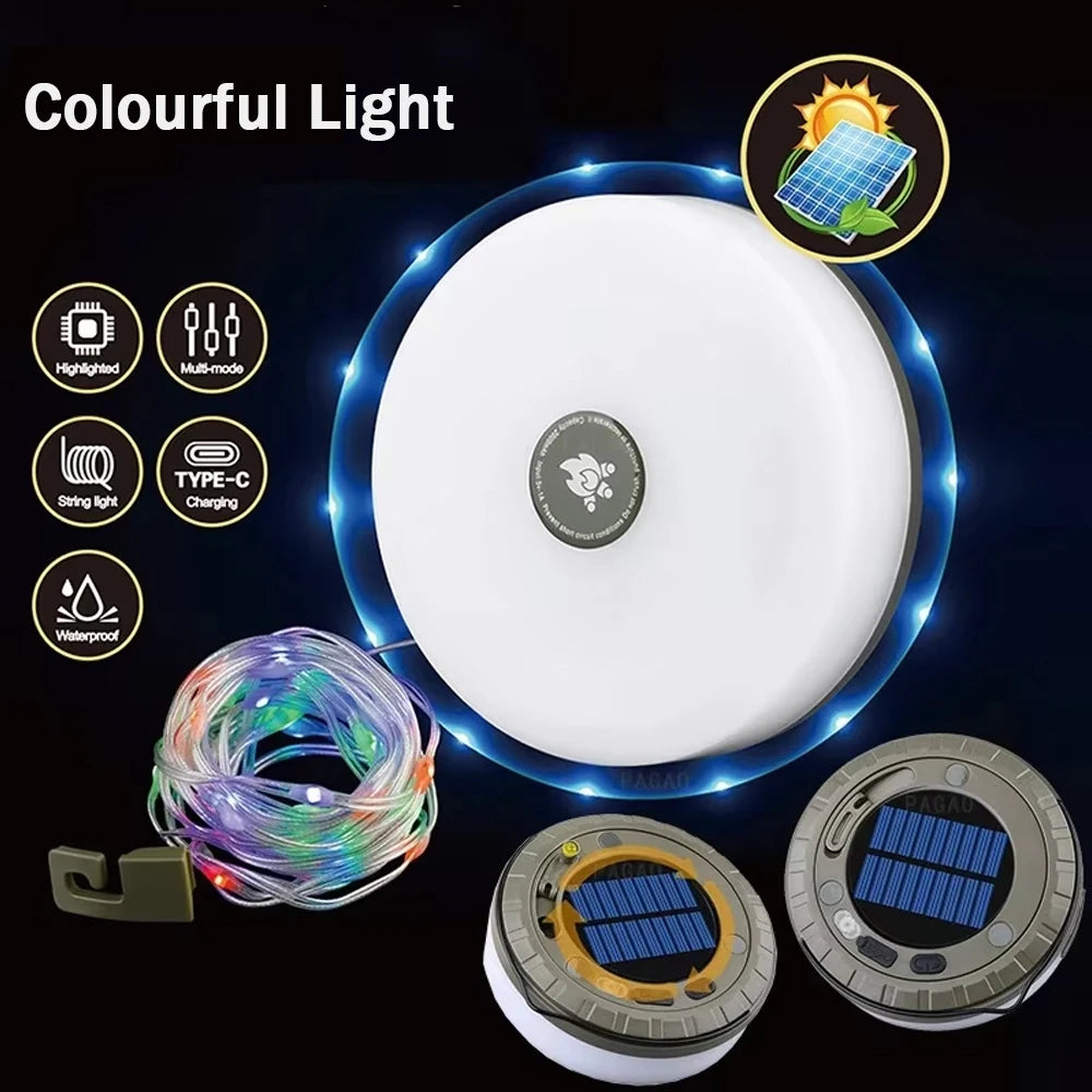 Solar Camping Lamp 10 meter String Light Outdoor Tent Lamp Type-C Atmosphere Lantern LED Flashlight with Hook Lights Outdoor