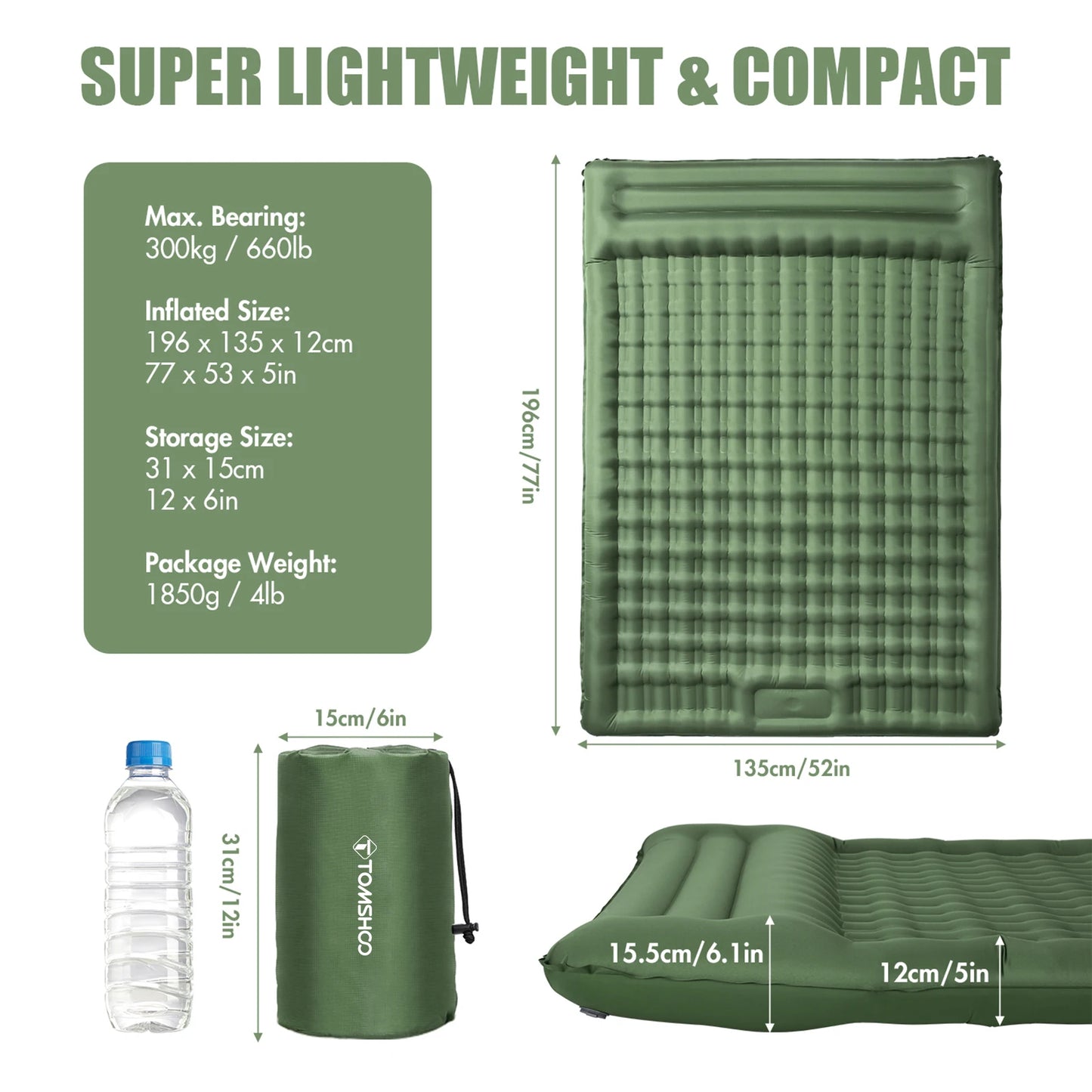 Tomshoo Inflatable Mattress w Built-in Pump Extra Thick 5Inch Double Sleeping Pad Mat Air Mattress Camping Backpacking Hiking